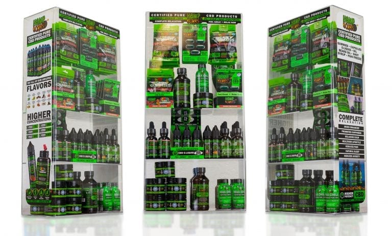 Hemp bombs box displays of various products
